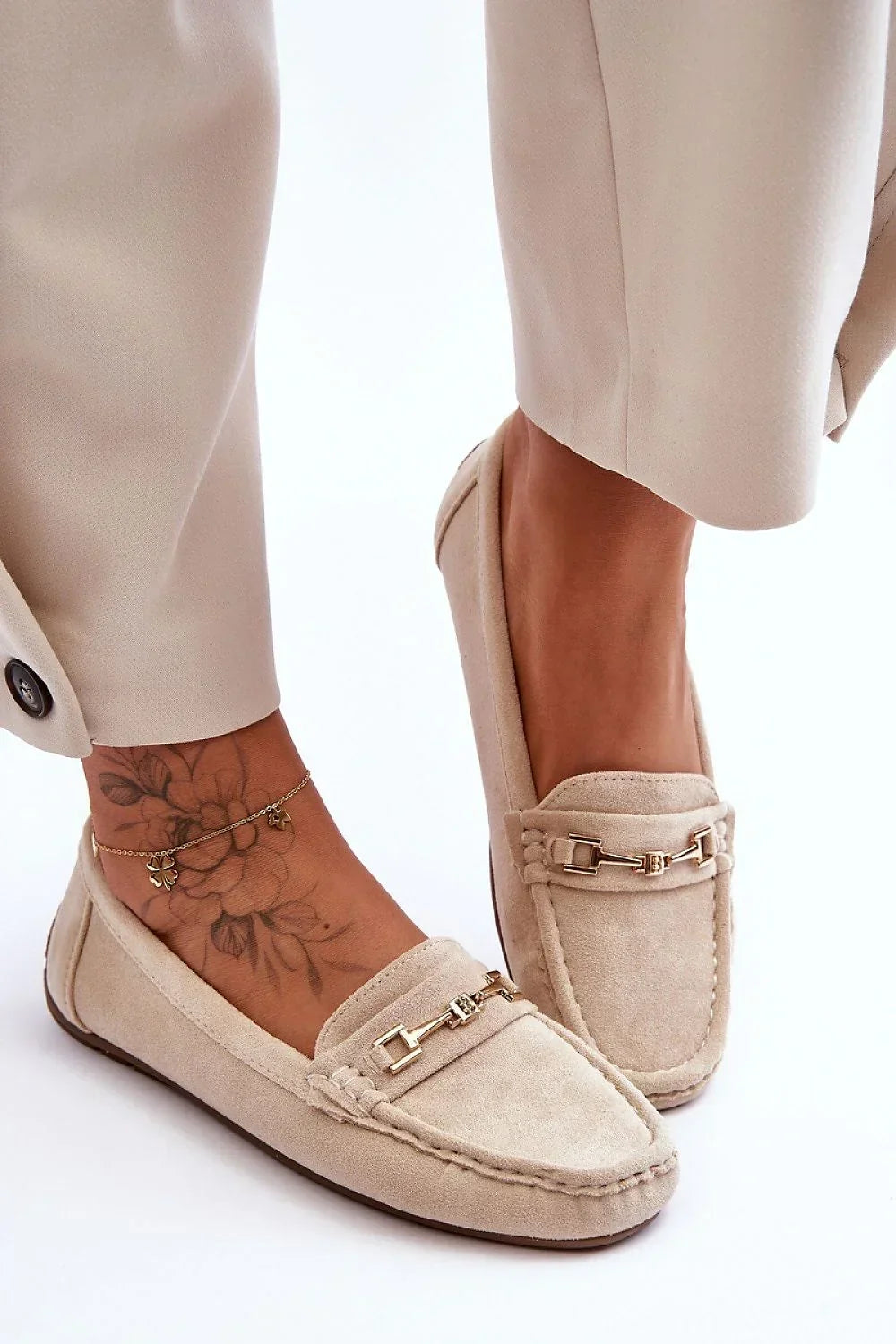 Women’s beige and pink eco suede horsebit moccasin loafers, flat women’s moccasin loafers for office and casual
