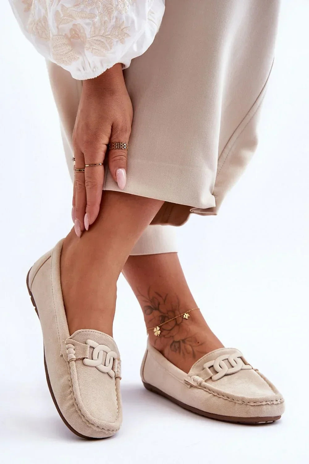 Women’s beige eco suede low heel moccasin loafers, slip on everyday women’s moccasin loafers
