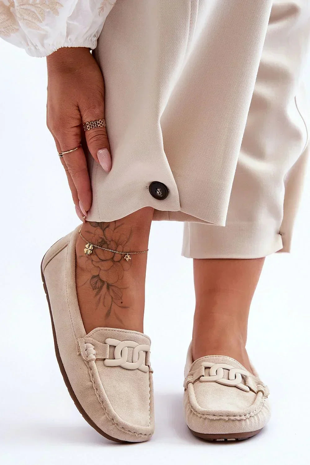 Women’s beige eco suede low heel moccasin loafers, slip on everyday women’s moccasin loafers