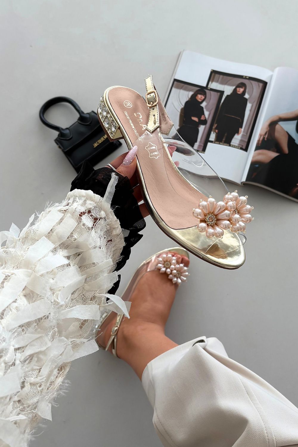 Women’s Floral Crystal Low Heel Sandals-Women's Sandals-LeStyleParfait