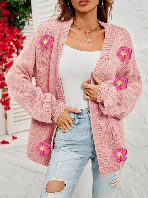 Women’s Floral Lantern Sleeve Cardigan Sweater – V-Neck Knit