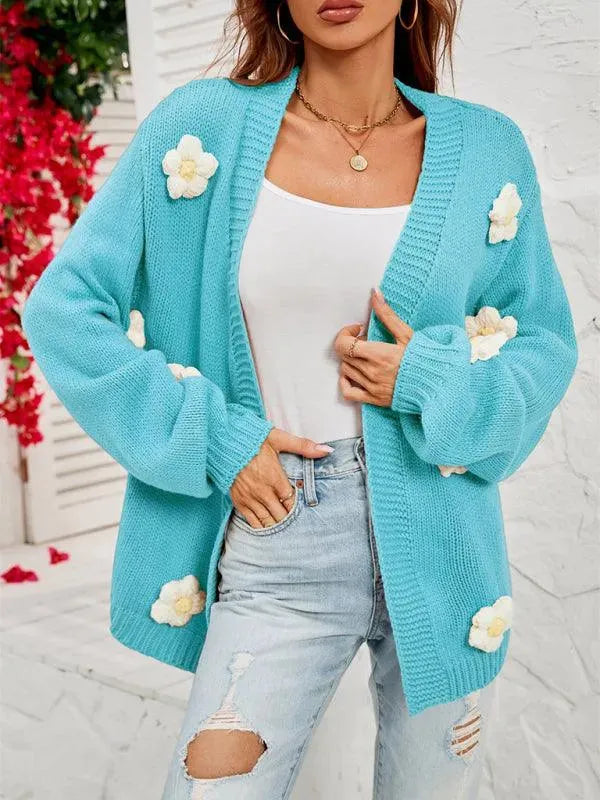 Women’s Floral Lantern Sleeve Cardigan Sweater – V-Neck Knit