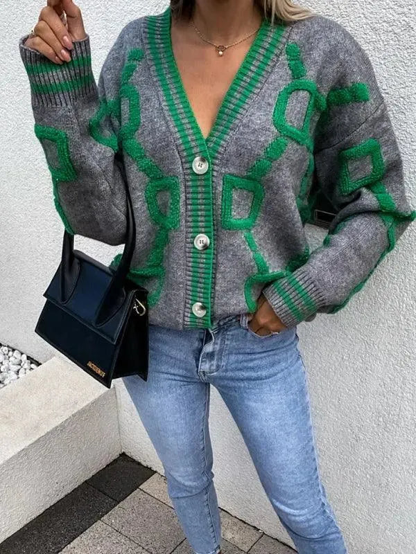 Women’s Geometric Drop-Sleeve Cardigan Sweater – V-Neck Knit