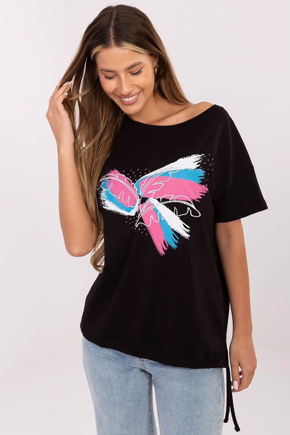 Women's Graphic Boat Neck T-Shirt — Black-Women T-Shirt-LeStyleParfait