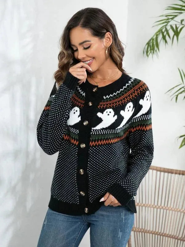 Women’s Halloween Polka Dot Cardigan Sweater – Crew Neck Knit