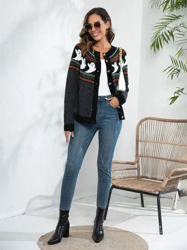 Women’s Halloween Polka Dot Cardigan Sweater – Crew Neck Knit
