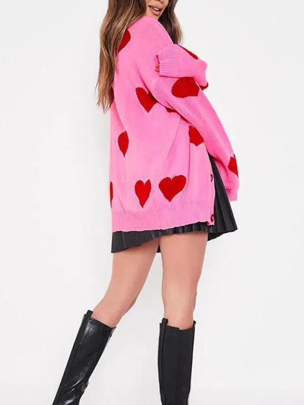 Women’s Heart Jacquard V-Neck Cardigan Sweater – Relaxed Fit