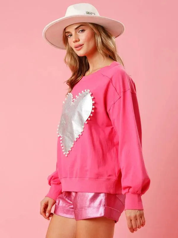 Women's Heart Pattern Knit Sweatshirt-Women Sweatshirt-LeStyleParfait