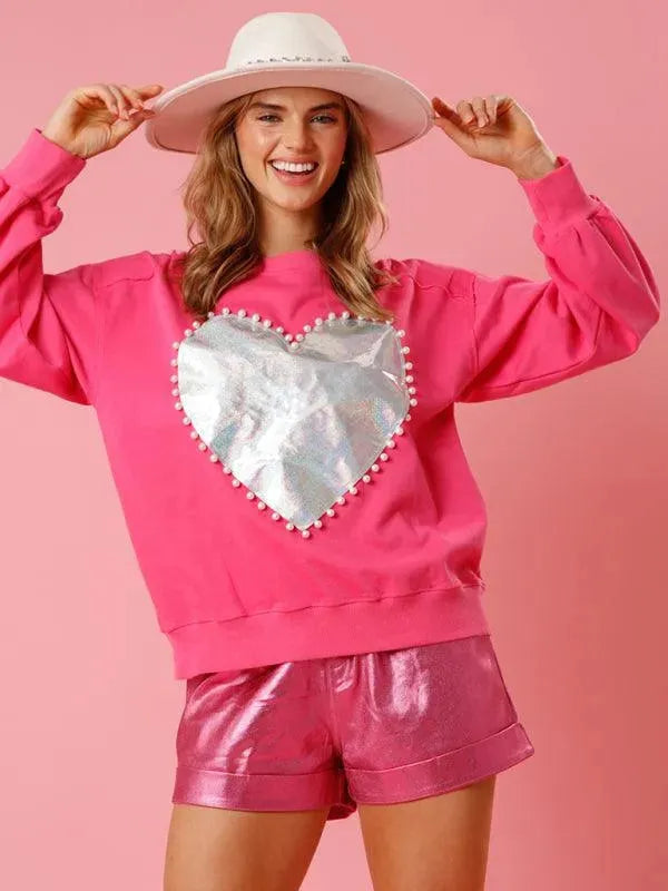 Women's Heart Pattern Knit Sweatshirt-Women Sweatshirt-LeStyleParfait