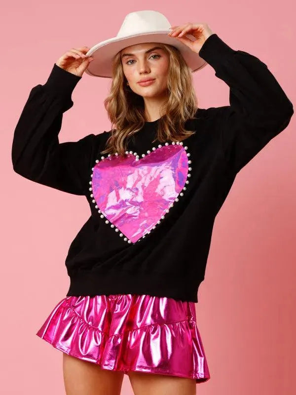 Women's Heart Pattern Knit Sweatshirt-Women Sweatshirt-LeStyleParfait