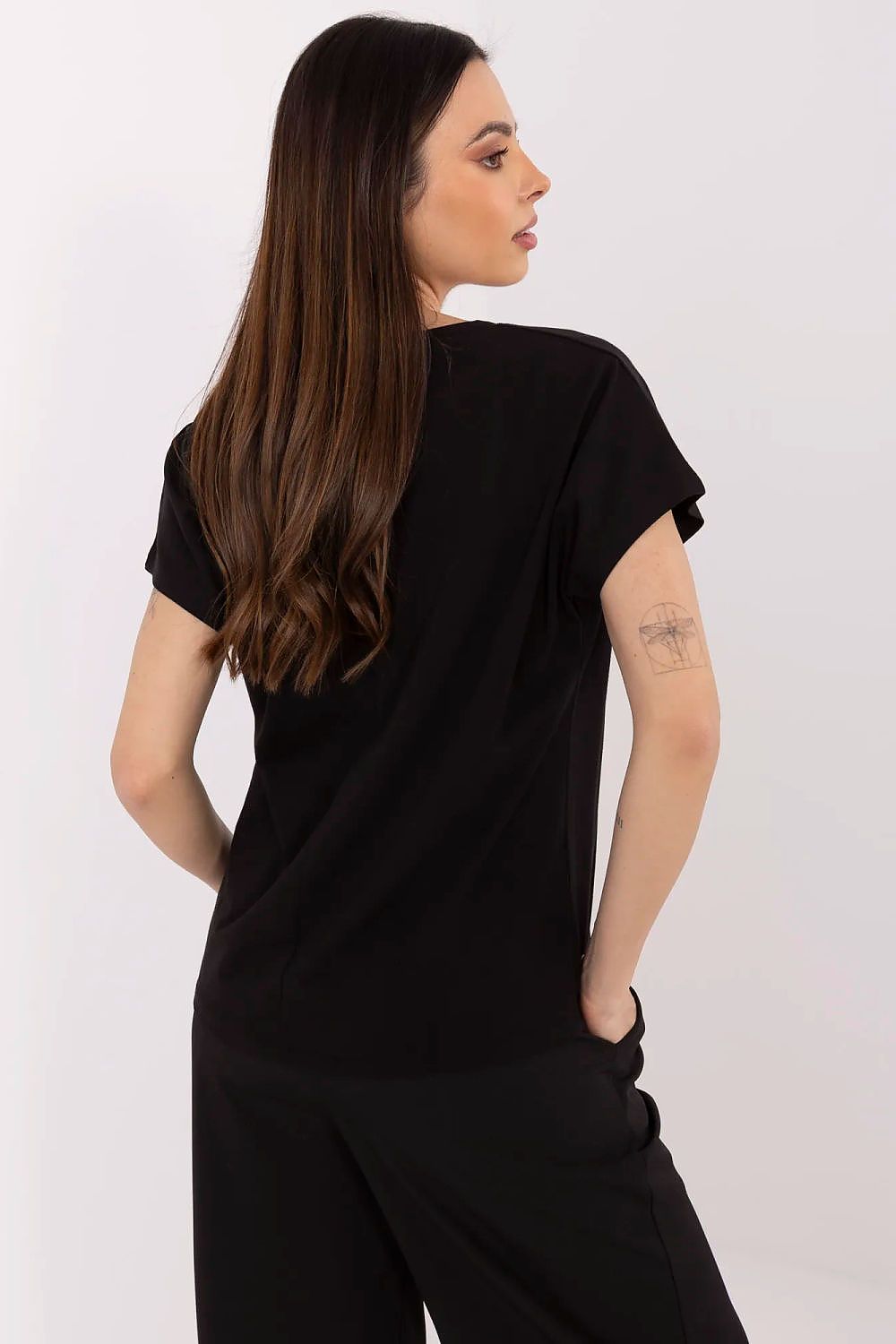 Women's Heart Print V-Neck T-Shirt — Black-Women T-Shirt-LeStyleParfait