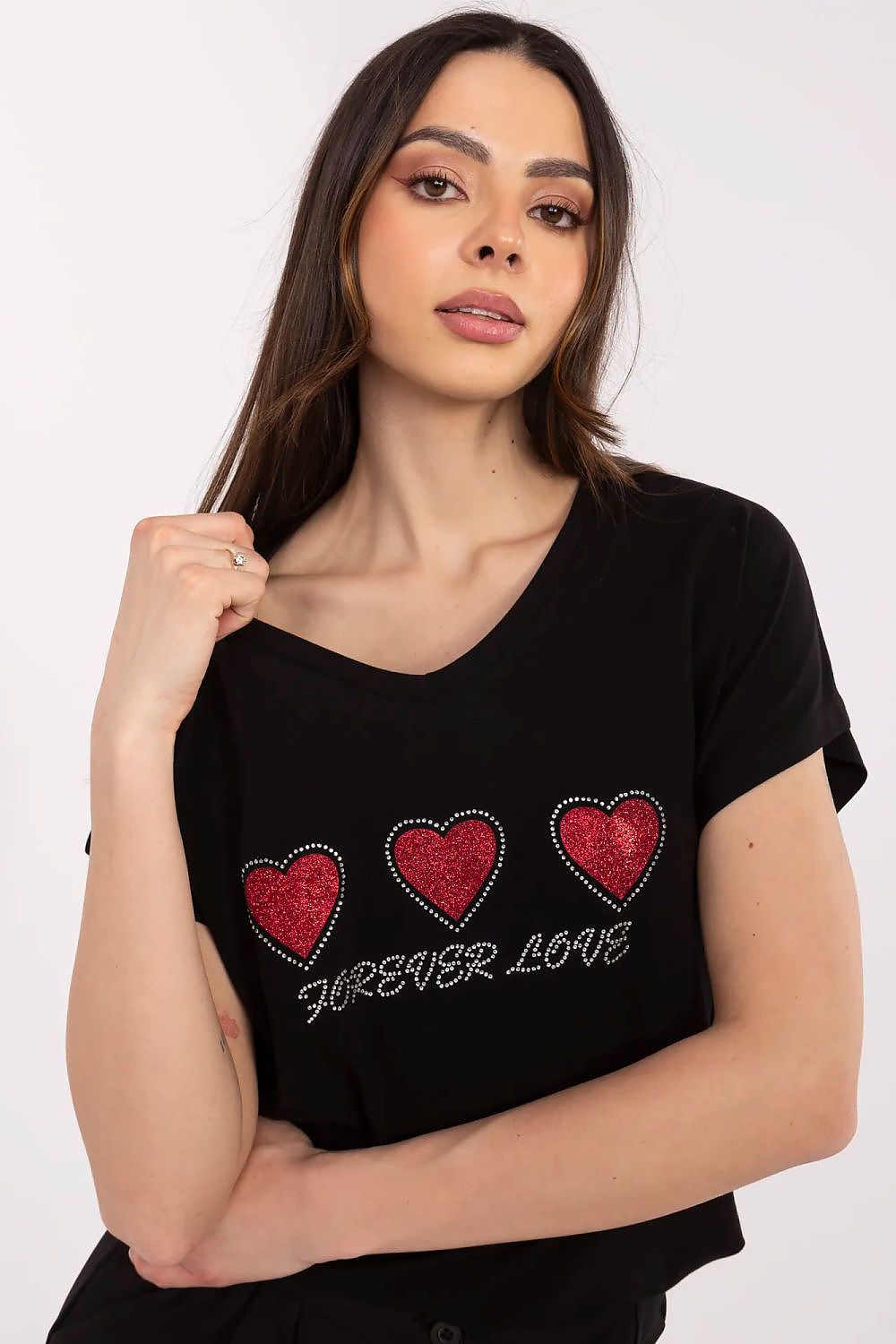 Women's Heart Print V-Neck T-Shirt — Black-Women T-Shirt-LeStyleParfait