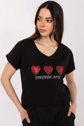 Women's Heart Print V-Neck T-Shirt — Black-Women T-Shirt-LeStyleParfait