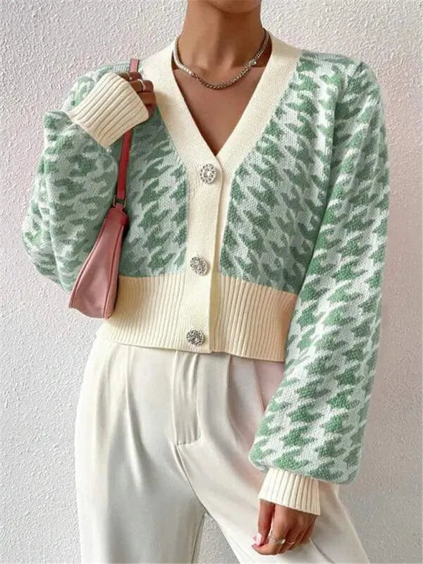 Women’s Houndstooth Cropped Cardigan Sweater – V-Neck