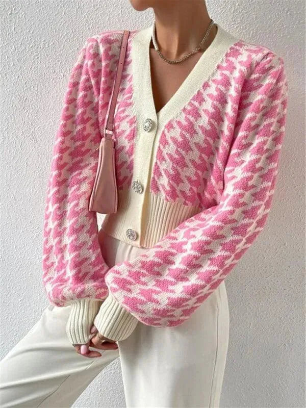 Women’s Houndstooth Cropped Cardigan Sweater – V-Neck