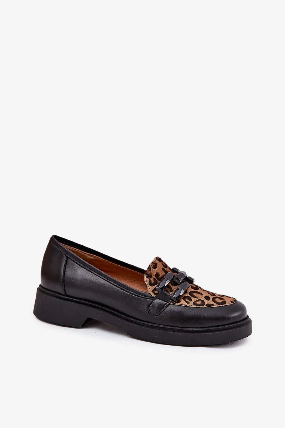 Women’s leather animal print moccasin loafers, low heel casual chic women’s loafers for spring and autumn