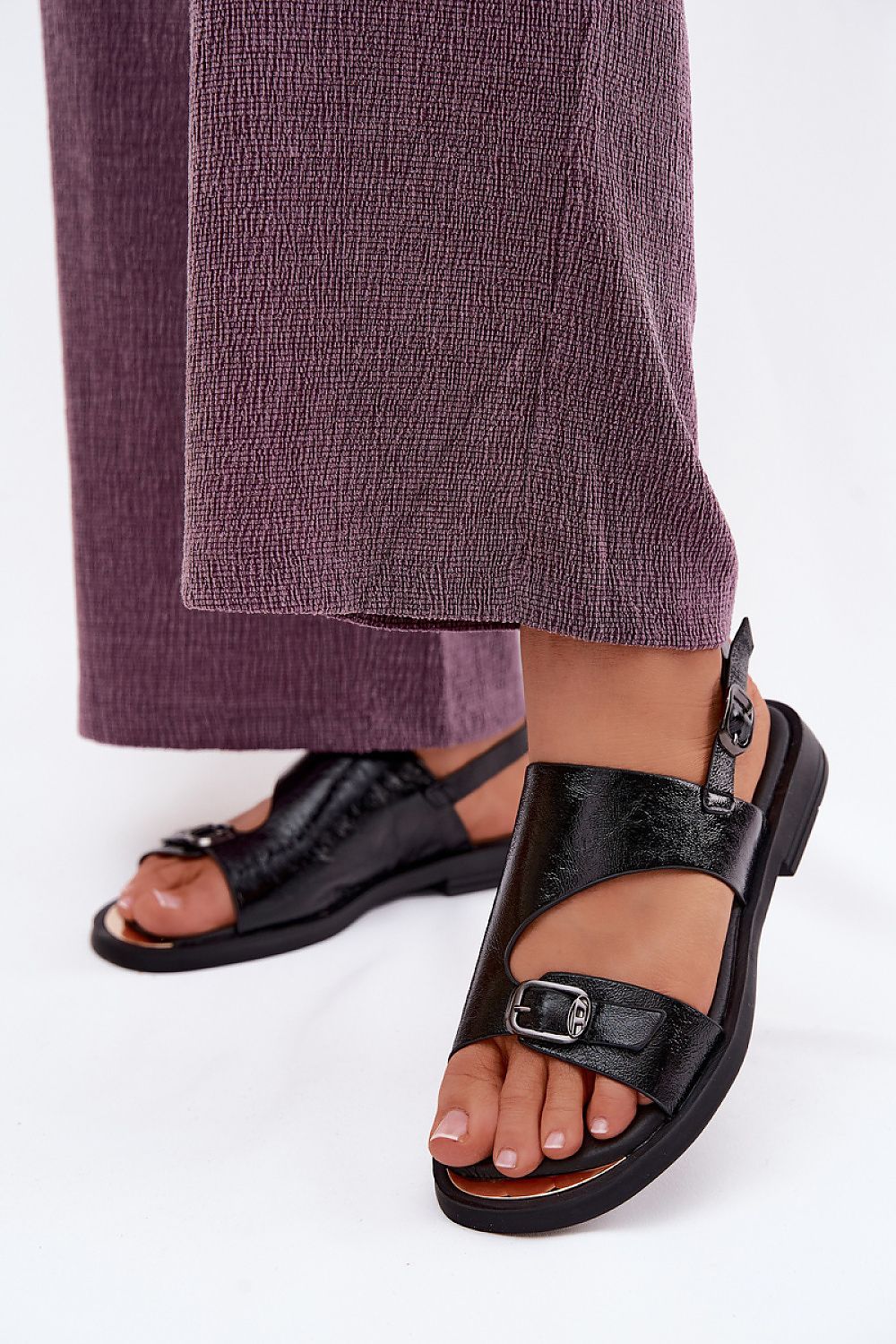 Women’s Leather Flat Buckle Sandals-Women's Sandals-LeStyleParfait