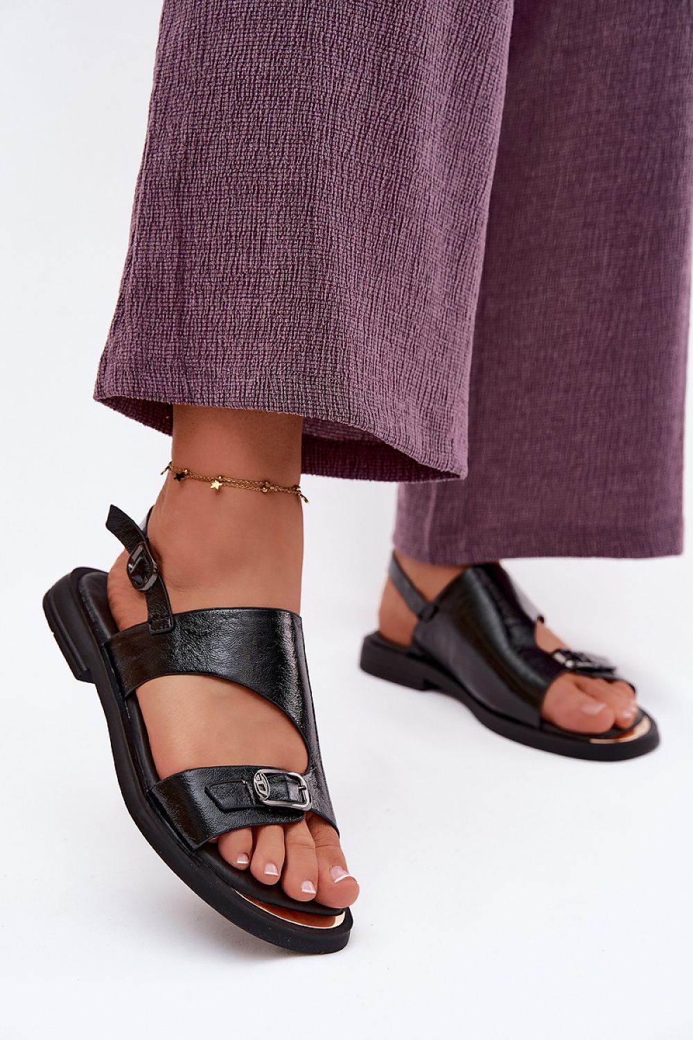 Women’s Leather Flat Buckle Sandals-Women's Sandals-LeStyleParfait