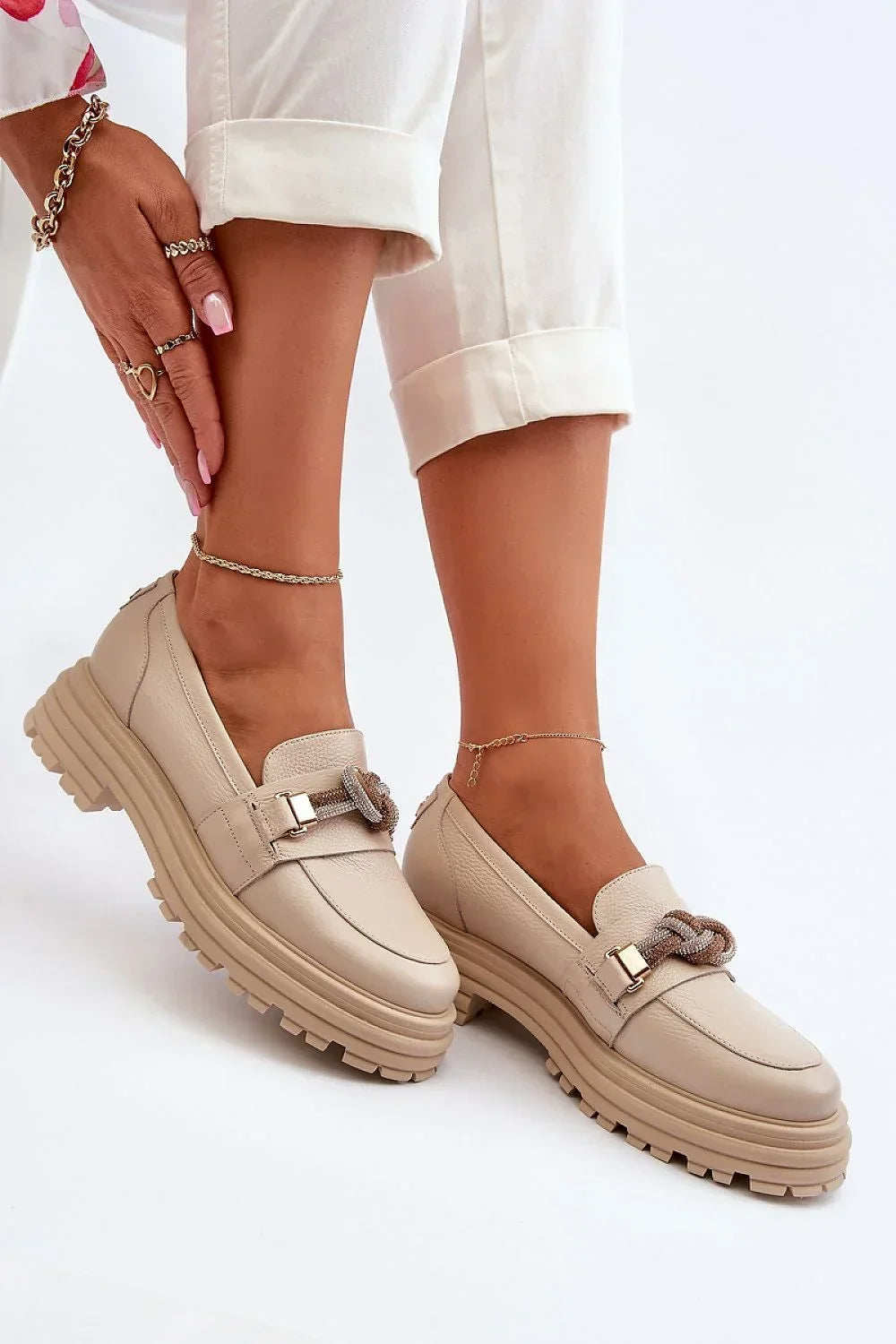 Women’s leather platform moccasin loafers, chunky slip on women’s platform loafers for spring and autumn