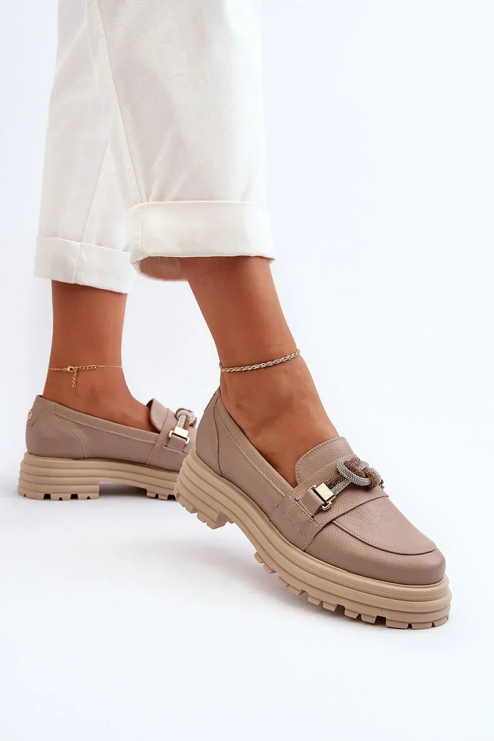 Women’s leather platform moccasin loafers, chunky slip on women’s platform loafers for spring and autumn