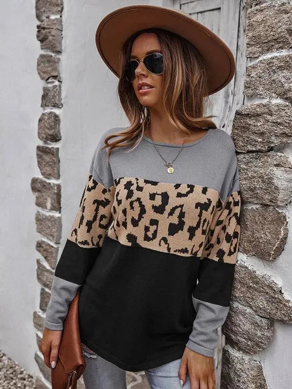 Women’s Leopard Print Crew-Neck Pullover Sweater