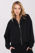 Women's Loose Zip-Up Sweatshirt — Black-Women Sweatshirt-LeStyleParfait