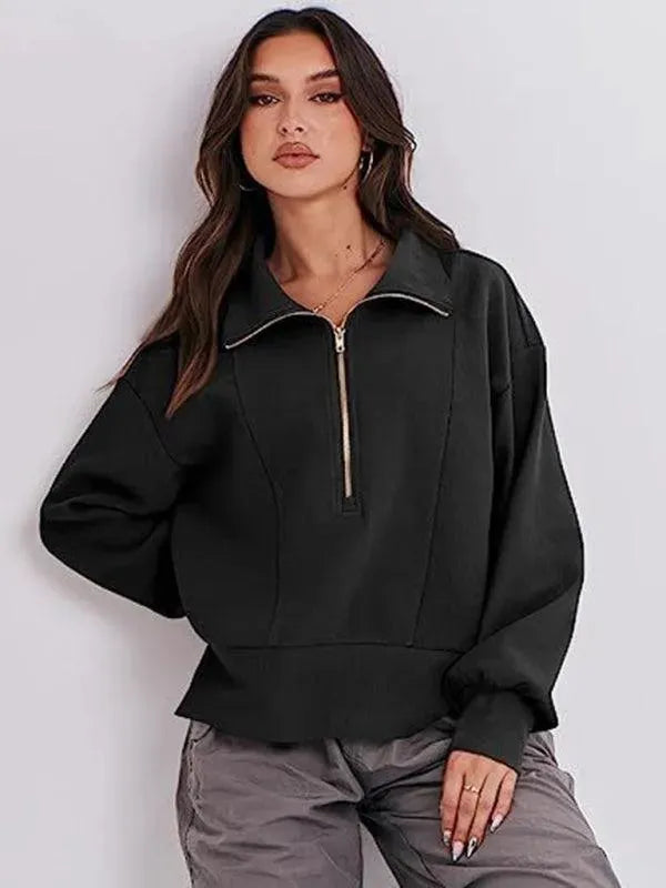 Women's Loose Zip V-Neck Sweatshirt-Women Sweatshirt-LeStyleParfait