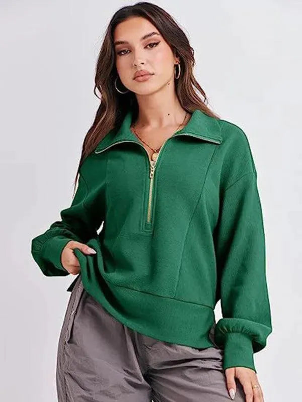 Women's Loose Zip V-Neck Sweatshirt-Women Sweatshirt-LeStyleParfait