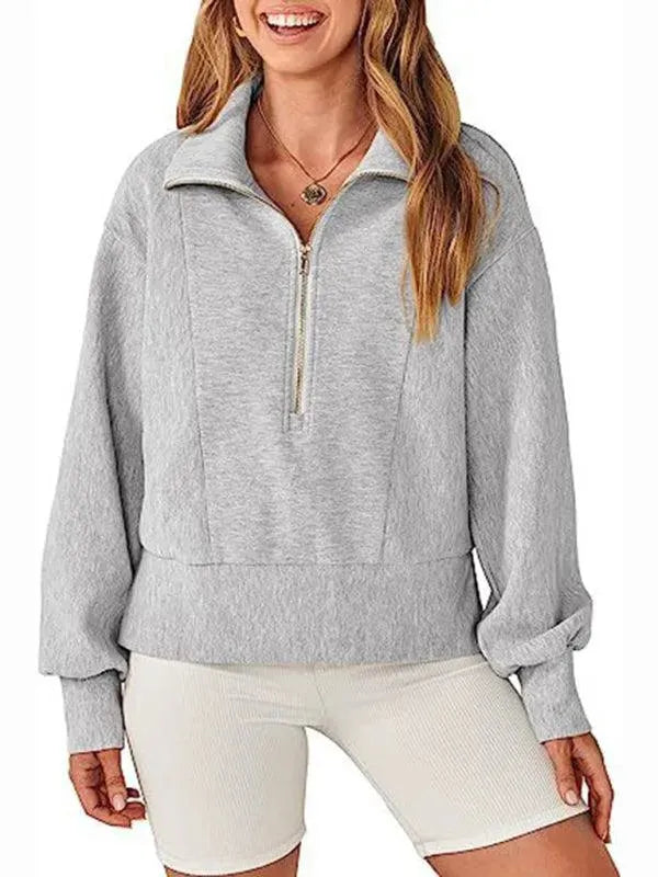 Women's Loose Zip V-Neck Sweatshirt-Women Sweatshirt-LeStyleParfait