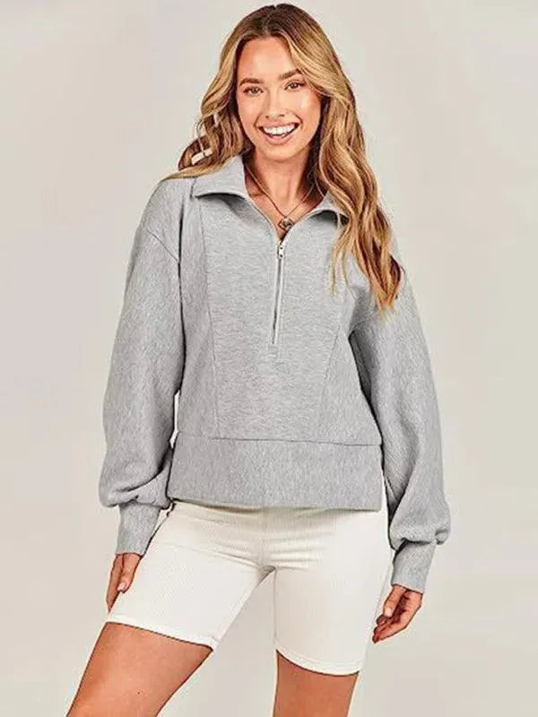 Women's Loose Zip V-Neck Sweatshirt-Women Sweatshirt-LeStyleParfait