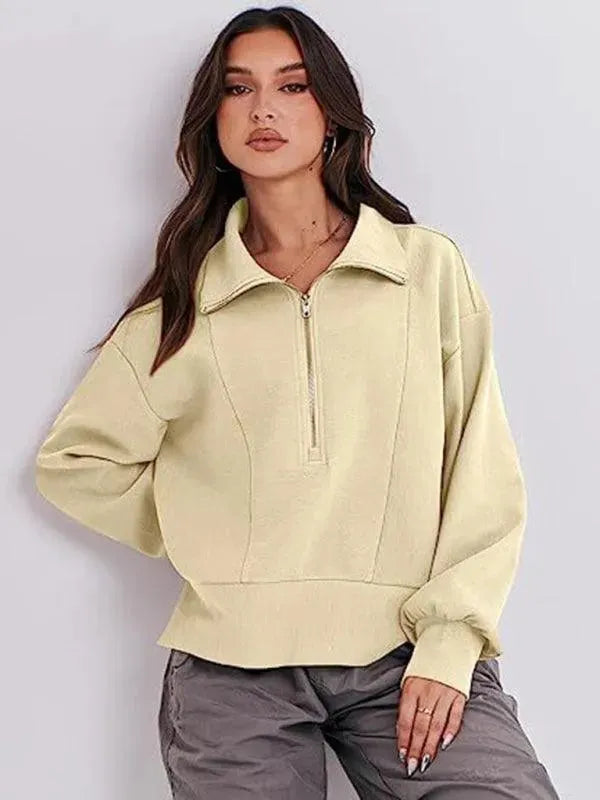 Women's Loose Zip V-Neck Sweatshirt-Women Sweatshirt-LeStyleParfait