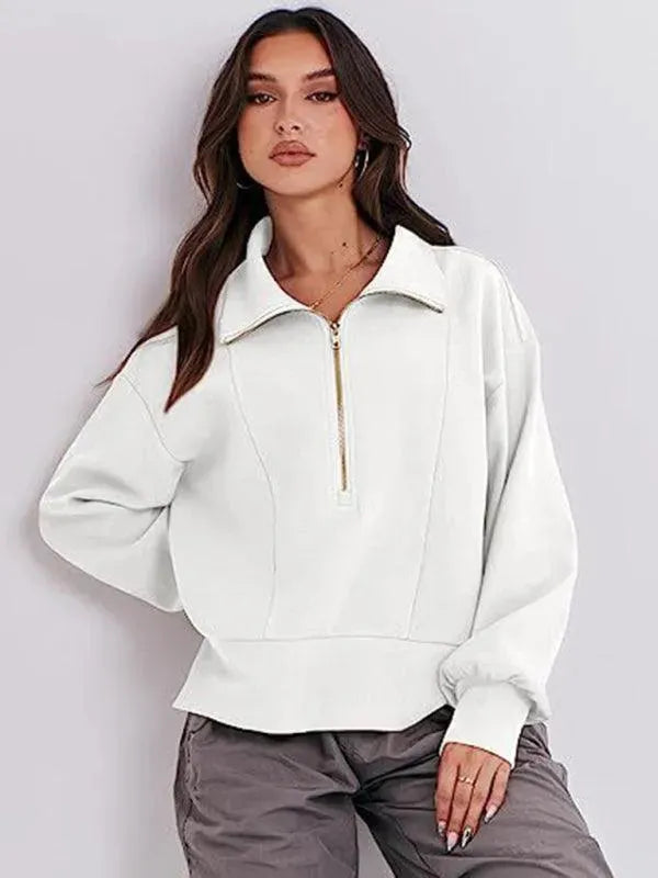 Women's Loose Zip V-Neck Sweatshirt-Women Sweatshirt-LeStyleParfait