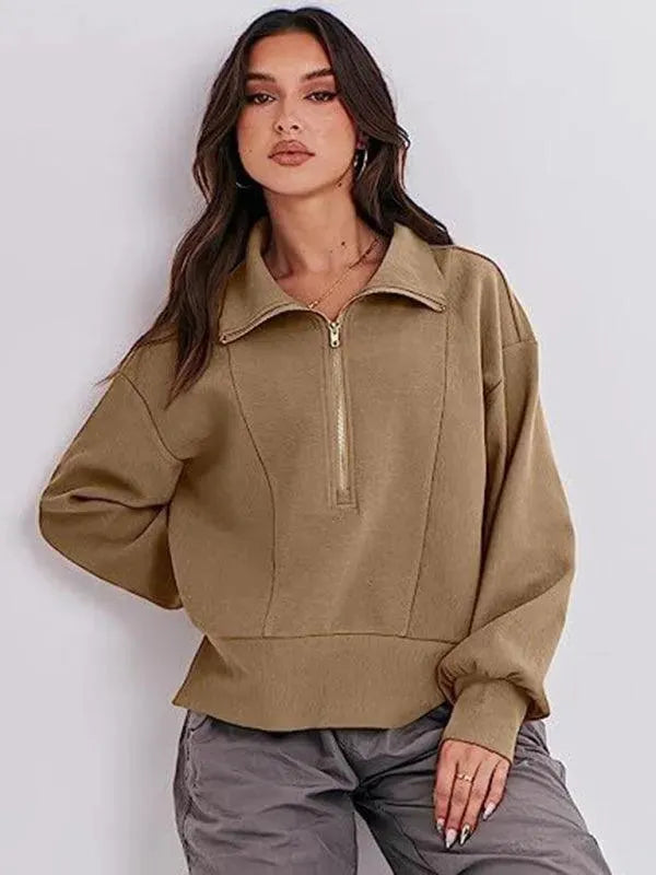 Women's Loose Zip V-Neck Sweatshirt-Women Sweatshirt-LeStyleParfait