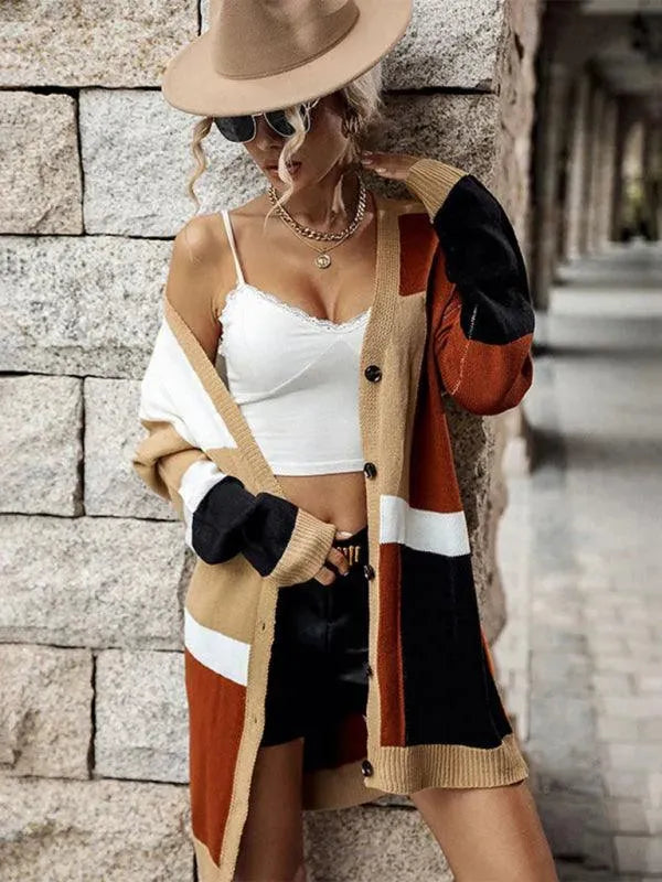 Women's Multicolor Longline Crew Neck Cardigan Sweater