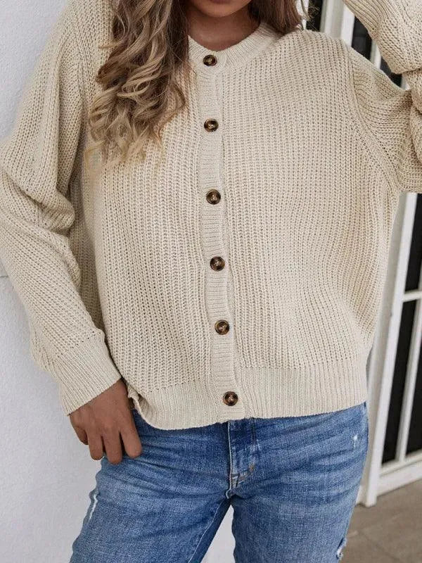 Women's Open Knit Crew Neck Button Cardigan Sweater