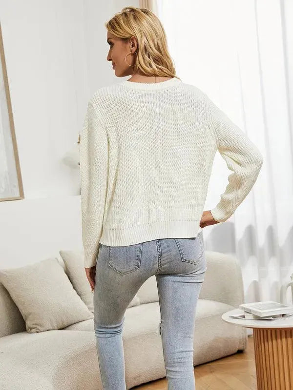 Women's Open Knit Crew Neck Button Cardigan Sweater