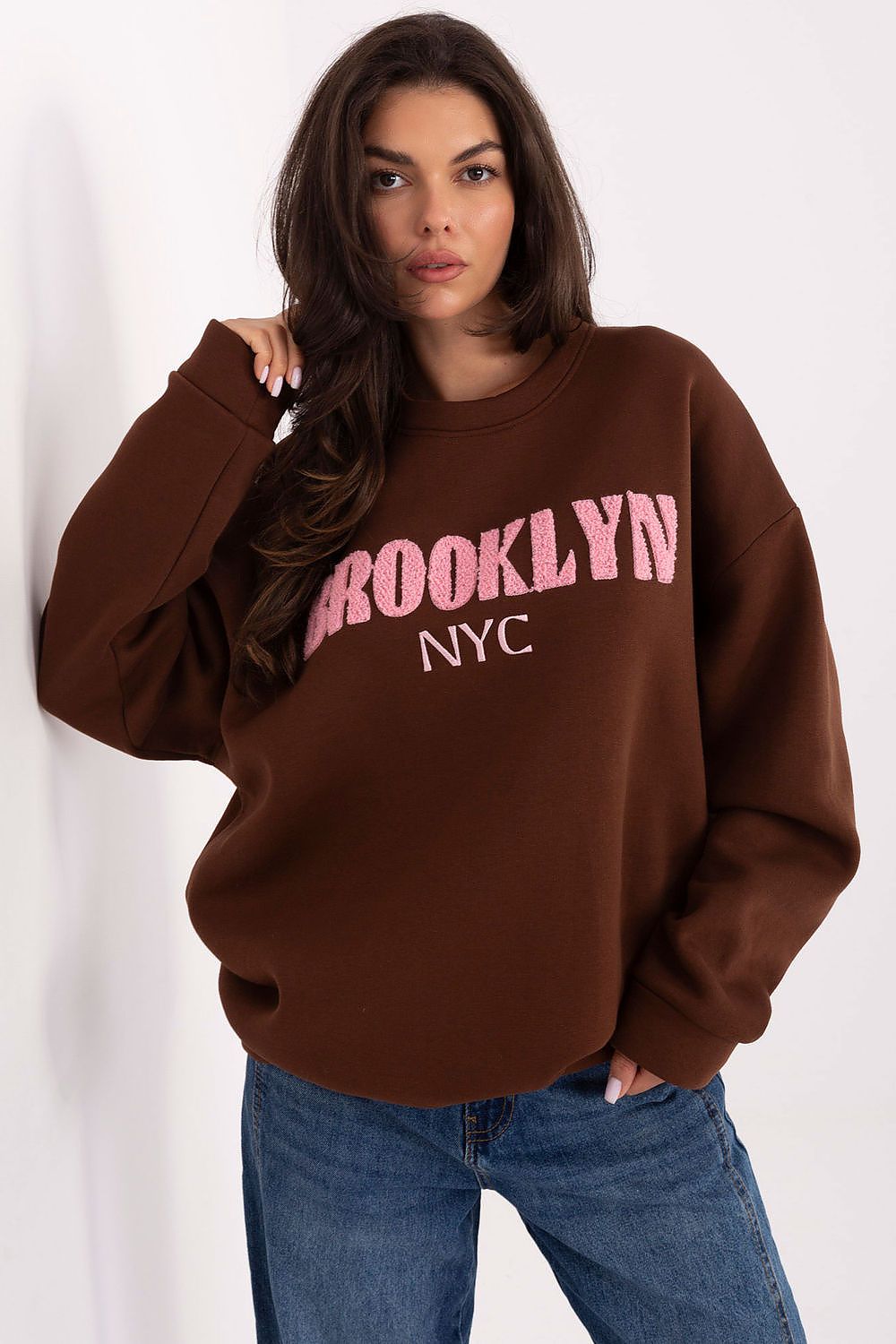 Women's Oversized Embroidered Crewneck Sweatshirt — Brown-Women Sweatshirt-LeStyleParfait