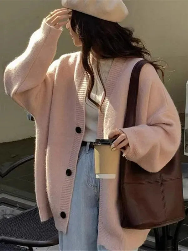 Women's Oversized V-Neck Button Cardigan Sweater