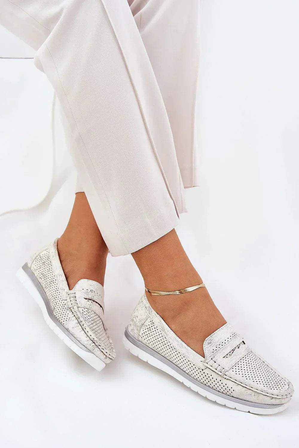 Women’s perforated eco leather driving moccasin loafers, casual women’s driving loafers for spring–summer