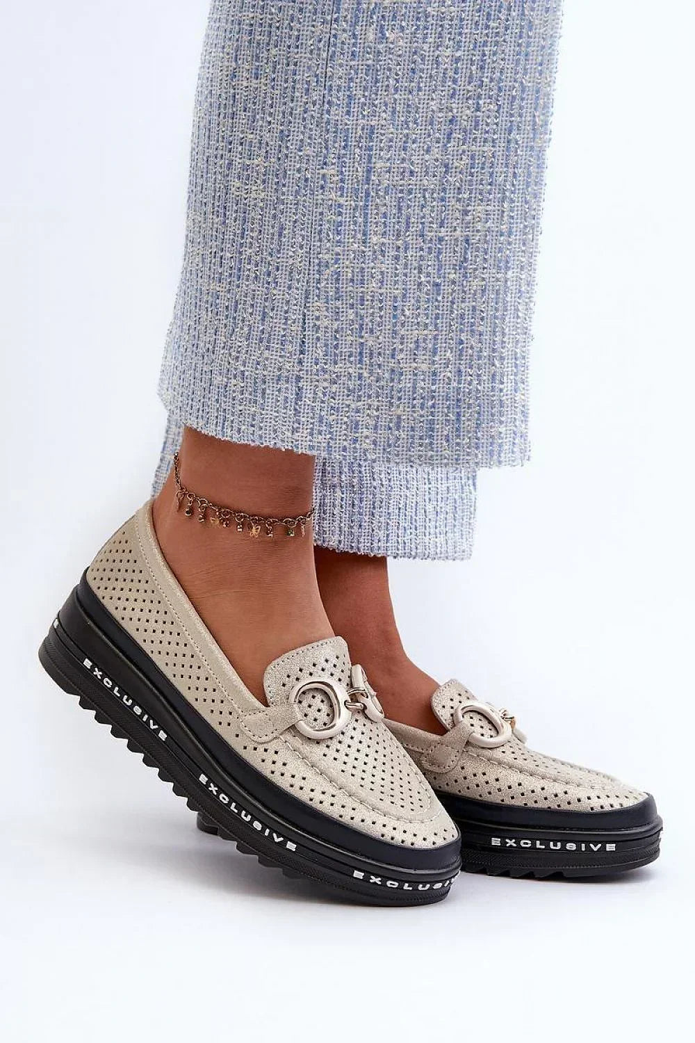 Women’s perforated leather platform moc toe loafers, chunky breathable women’s platform loafers for daily wear