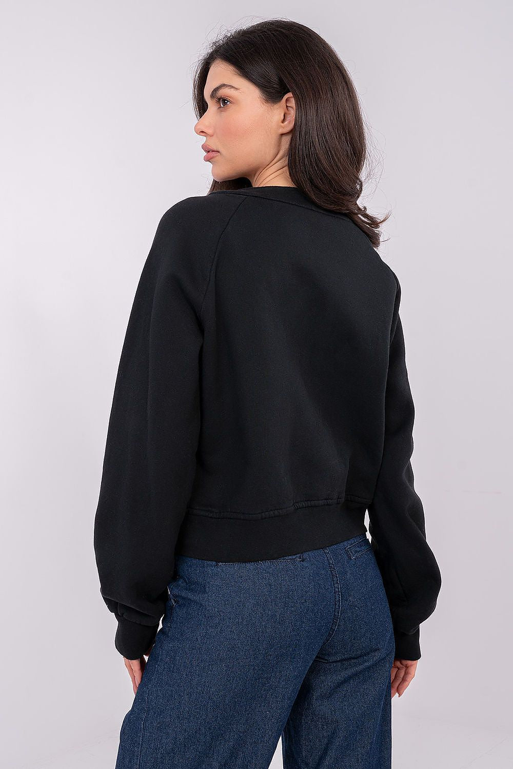 Women's Plain Crop Zip-Up Sweatshirt — Black-Women Sweatshirt-LeStyleParfait