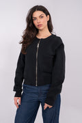 Women's Plain Crop Zip-Up Sweatshirt — Black-Women Sweatshirt-LeStyleParfait