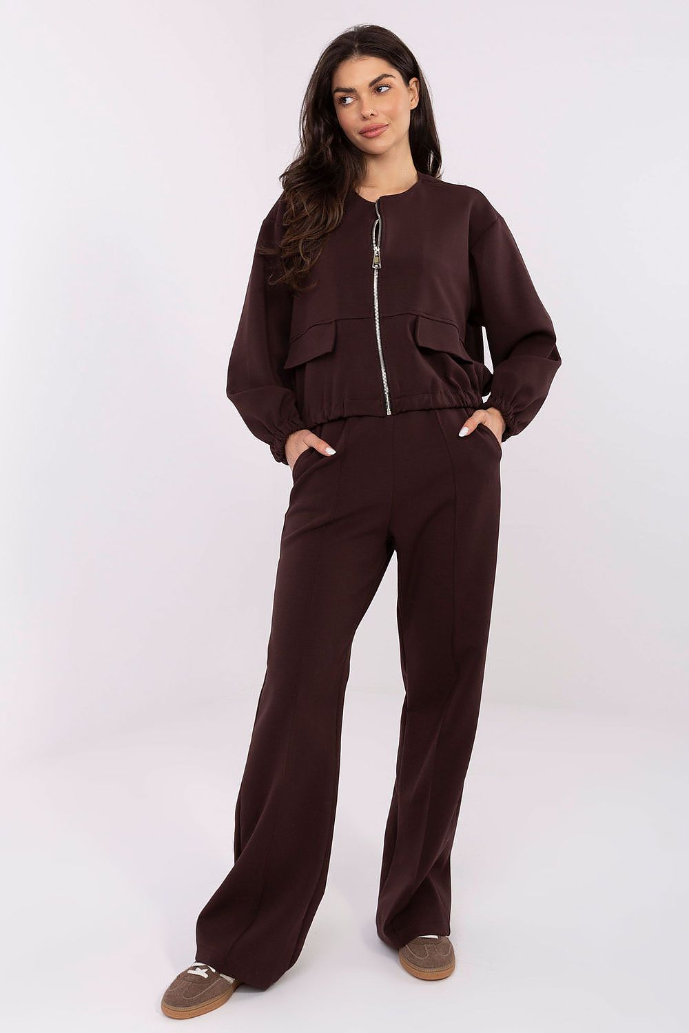 Women's Plain Zip-Up Sweatshirt — Brown-Women Sweatshirt-LeStyleParfait