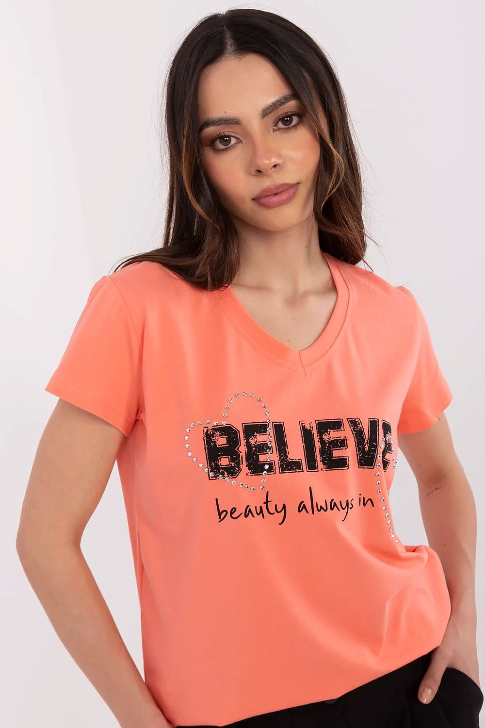 Women's Rhinestone V-Neck T-Shirt — Brown-Women T-Shirt-LeStyleParfait