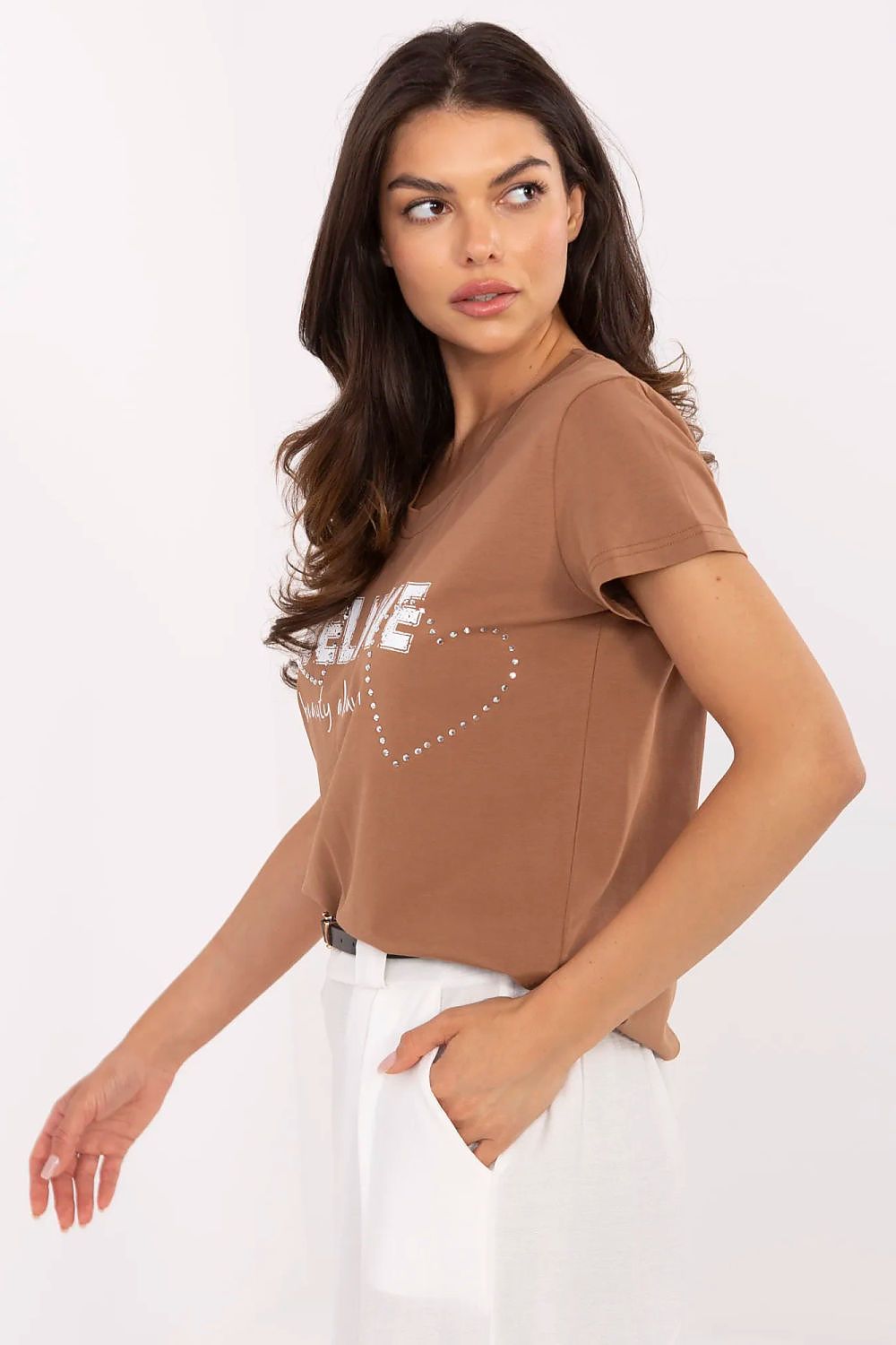 Women's Rhinestone V-Neck T-Shirt — Brown-Women T-Shirt-LeStyleParfait