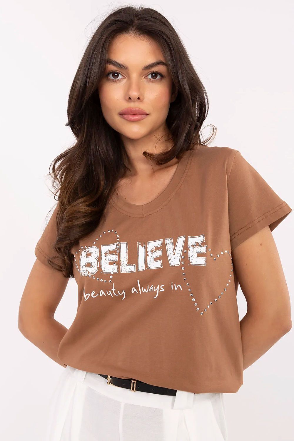 Women's Rhinestone V-Neck T-Shirt — Brown-Women T-Shirt-LeStyleParfait