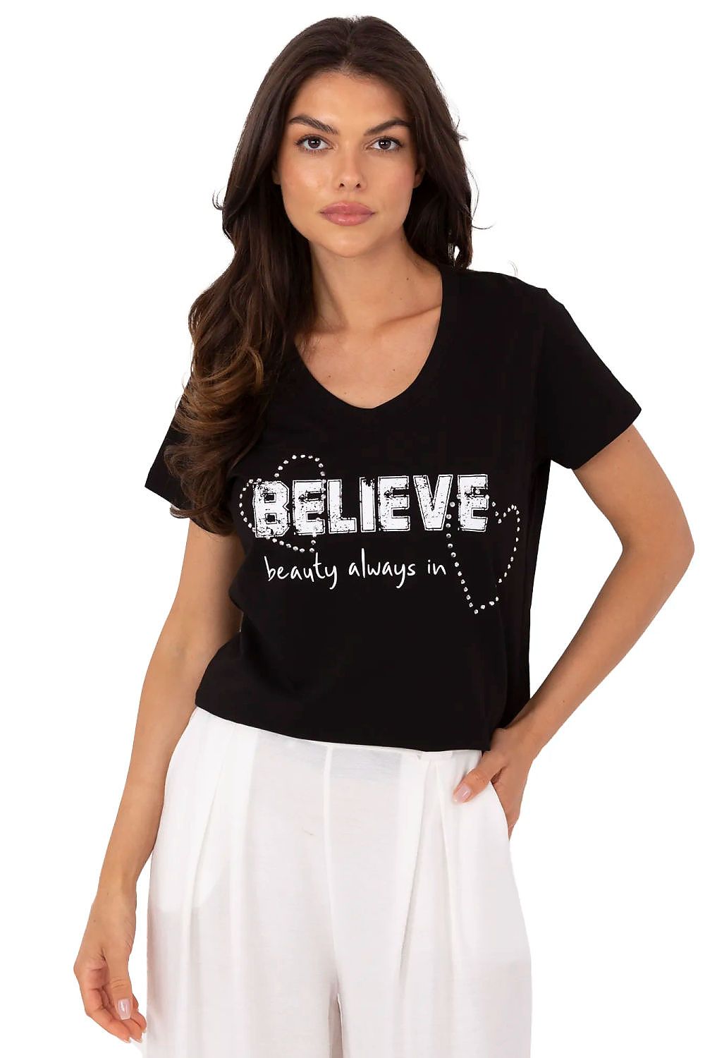 Women's Rhinestone V-Neck T-Shirt — Brown-Women T-Shirt-LeStyleParfait