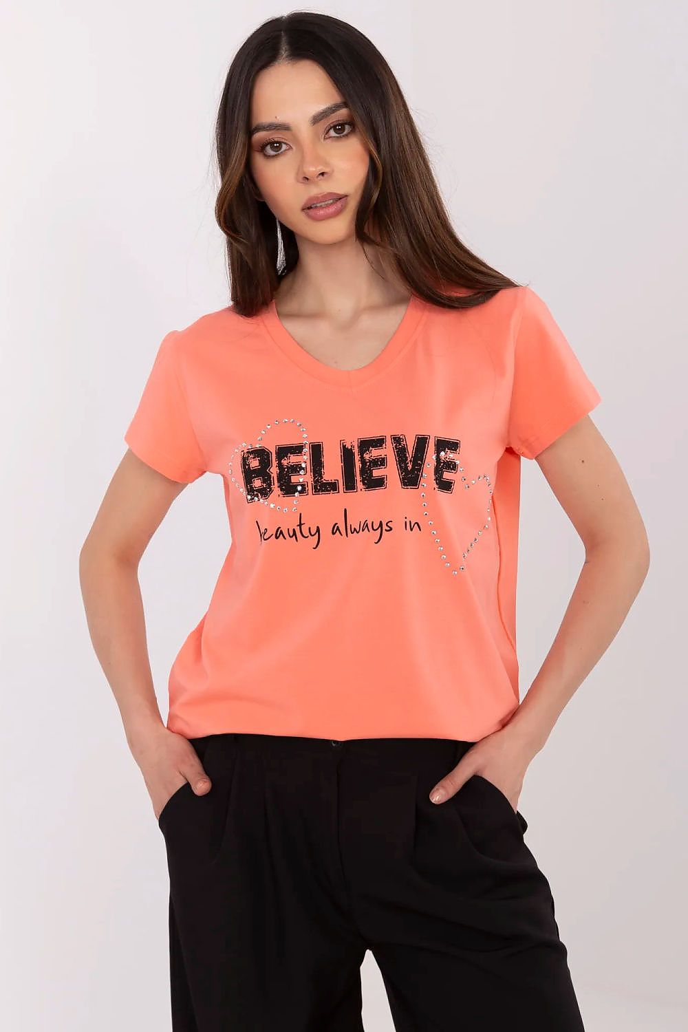 Women's Rhinestone V-Neck T-Shirt — Brown-Women T-Shirt-LeStyleParfait