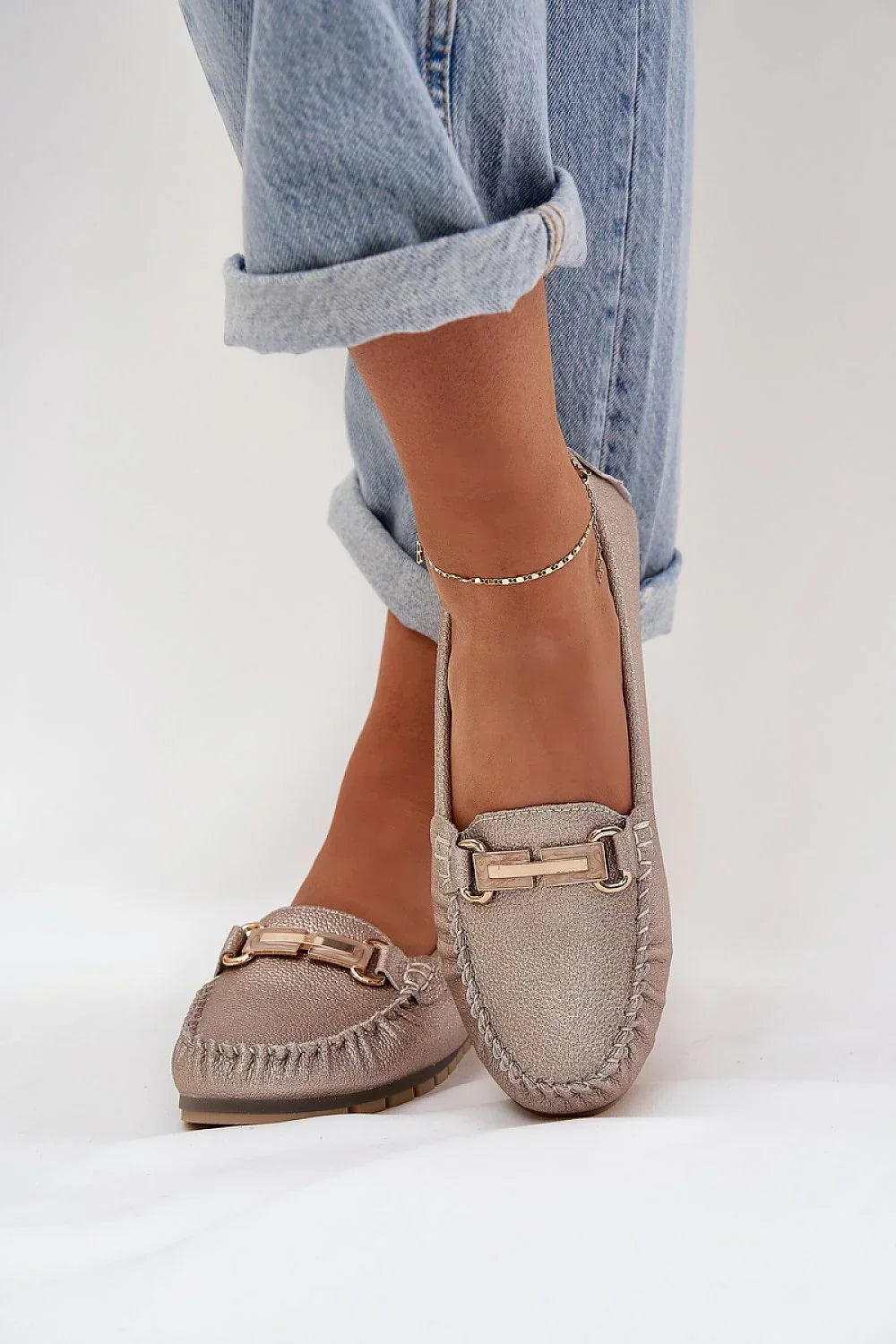 Women’s sequined horsebit natural leather moccasins, versatile casual elegant women’s moccasin loafers