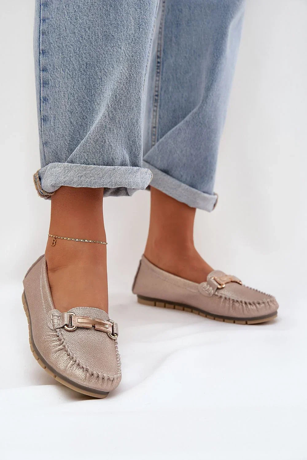 Women’s sequined horsebit natural leather moccasins, versatile casual elegant women’s moccasin loafers